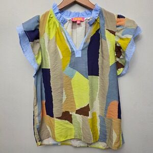 THML Abstract Blouse Womens Medium Multicolor Boho Ruffle Sleeve V-Neck